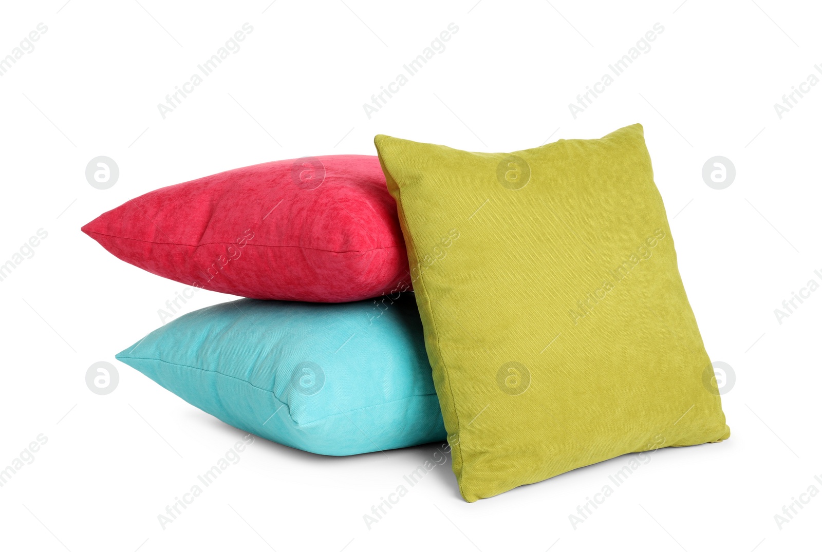 Photo of Different colorful decorative pillows on white background