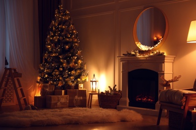 Beautiful room interior with Christmas tree and fireplace