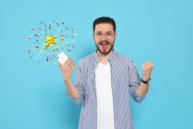 Image of Discount offer. Excited man holding smartphone on light blue background. Confetti, streamers and word Wow flying from device
