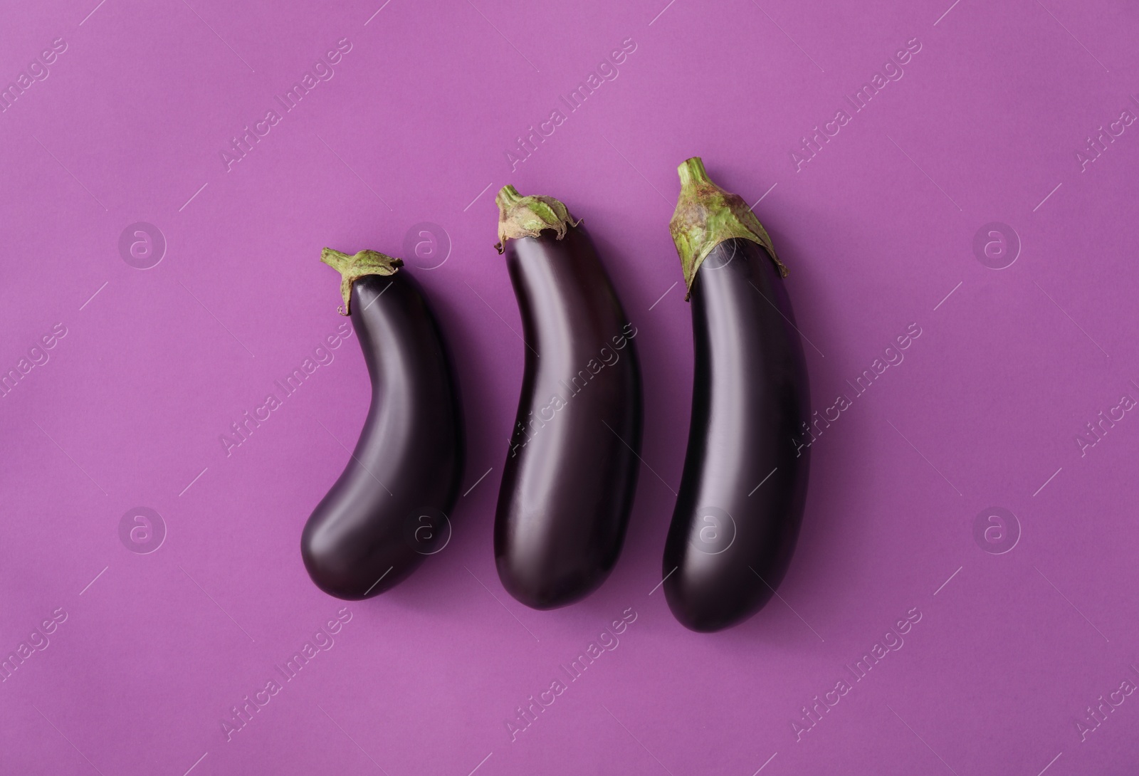 Photo of Raw ripe eggplants on purple background, flat lay
