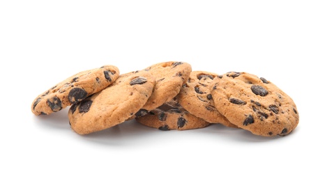 Photo of Pile of tasty chocolate chip cookies on white background