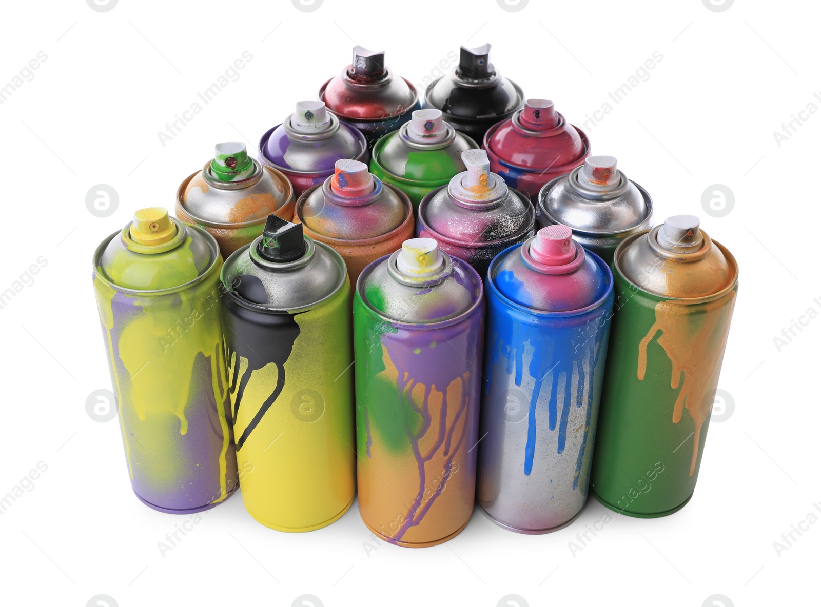 Photo of Used cans of spray paints on white background. Graffiti supplies