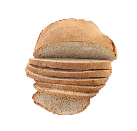 Photo of Freshly baked cut sourdough bread isolated on white, top view