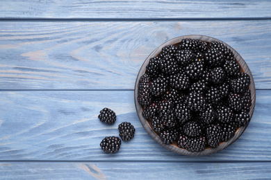 Fresh ripe blackberries on blue wooden table, flat lay. Space for text