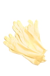 Photo of Medical gloves on white background, top view