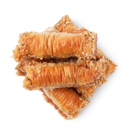 Photo of Eastern sweets. Pieces of tasty baklava isolated on white, top view