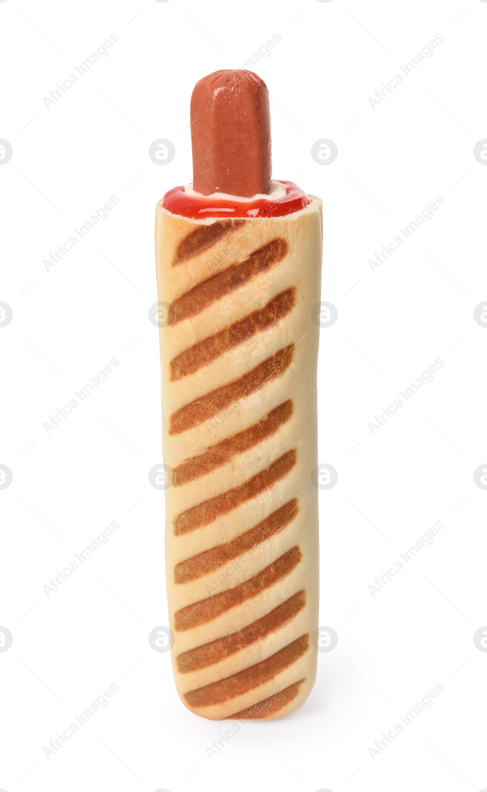 Photo of Tasty french hot dog with sauce isolated on white