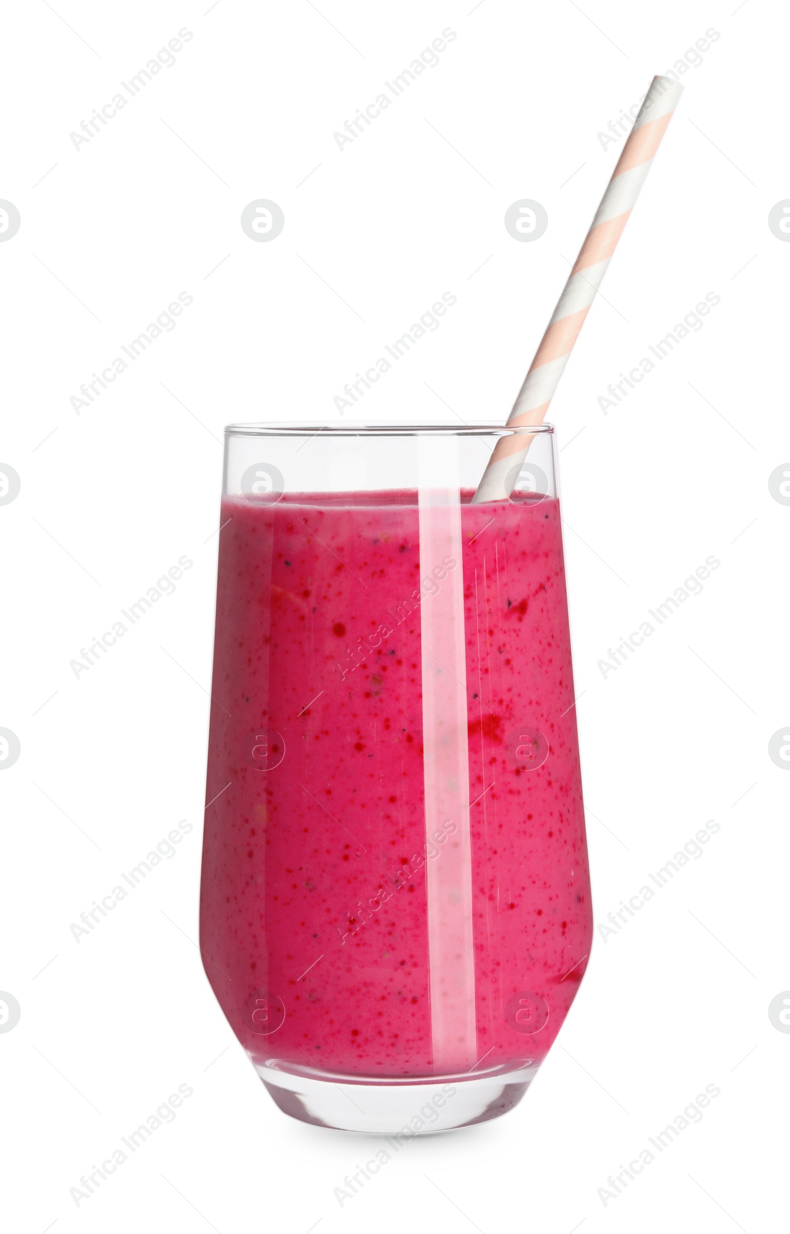 Photo of Tasty organic smoothie in glass isolated on white