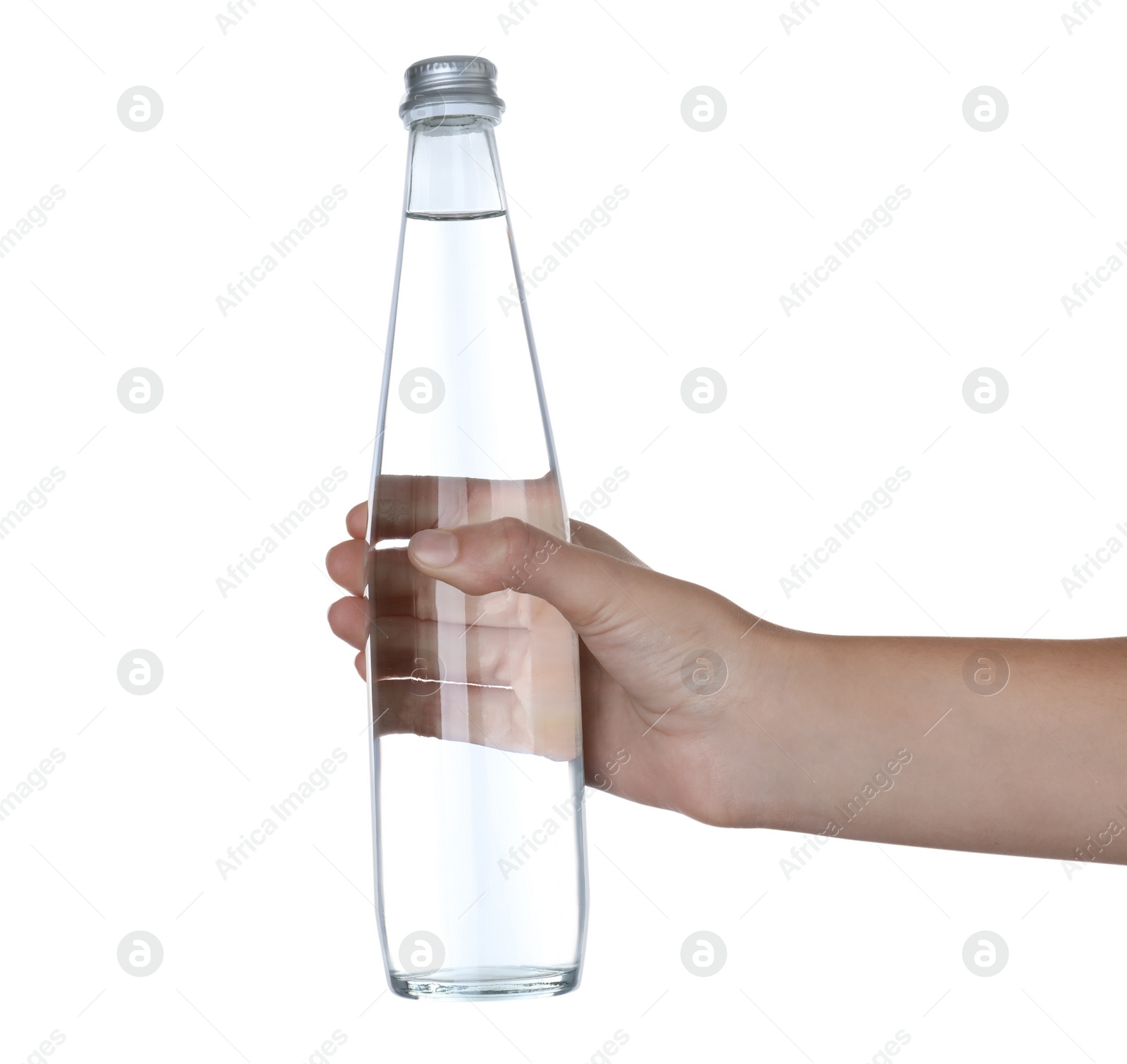 Photo of Woman holding glass bottle with water on white background, closeup