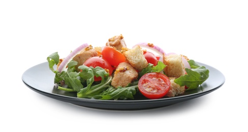 Photo of Delicious fresh chicken salad with vegetables and croutons isolated on white
