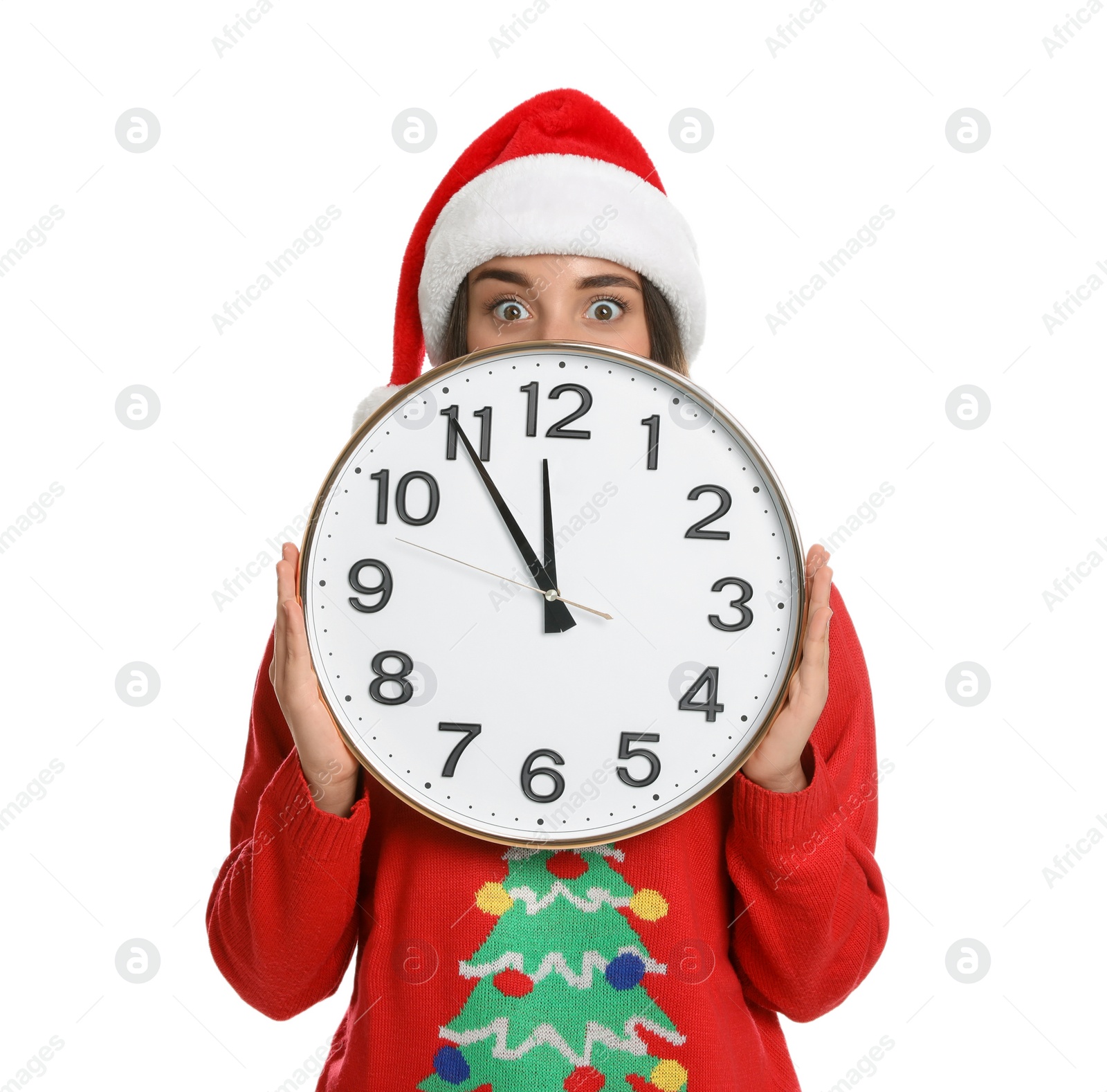 Photo of Woman in Santa hat with clock on white background. New Year countdown