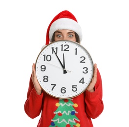 Photo of Woman in Santa hat with clock on white background. New Year countdown