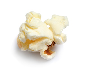 Photo of Delicious salty popcorn on white background