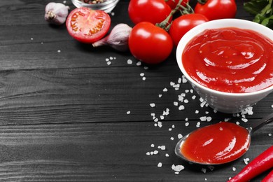 Delicious ketchup in bowl, salt and products on black wooden table, space for text. Tomato sauce