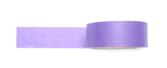 Photo of Roll of violet adhesive tape on white background, top view