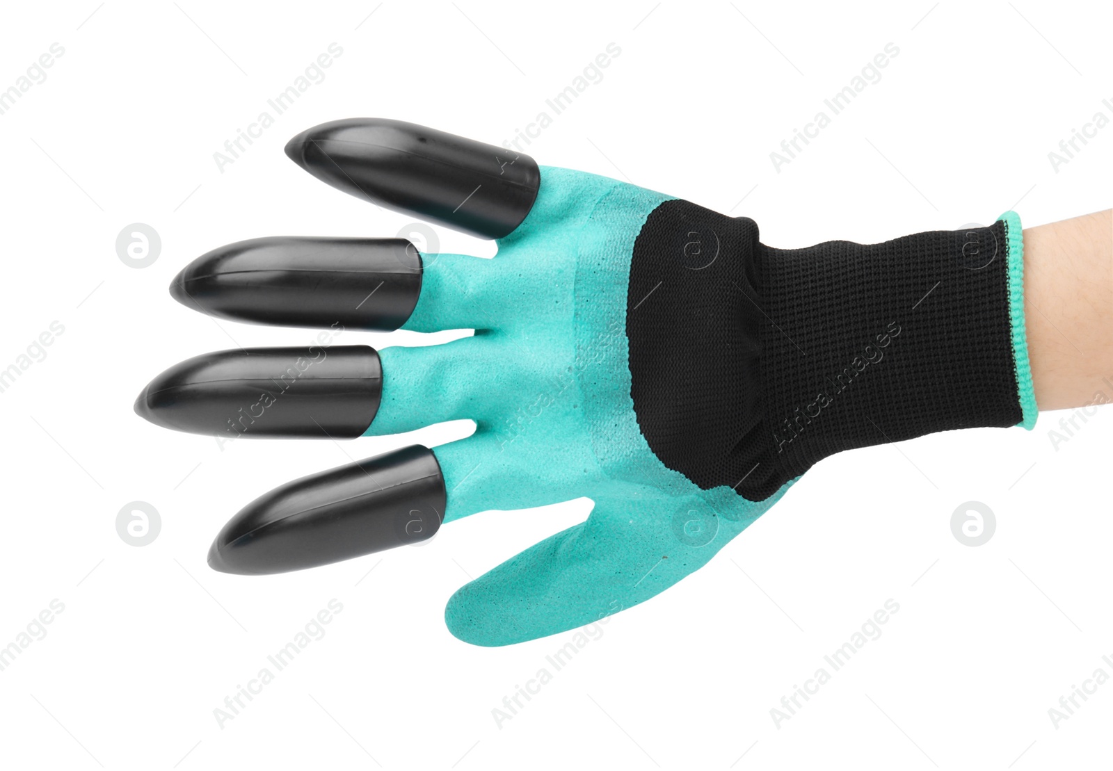 Photo of Woman in claw gardening glove on white background, closeup