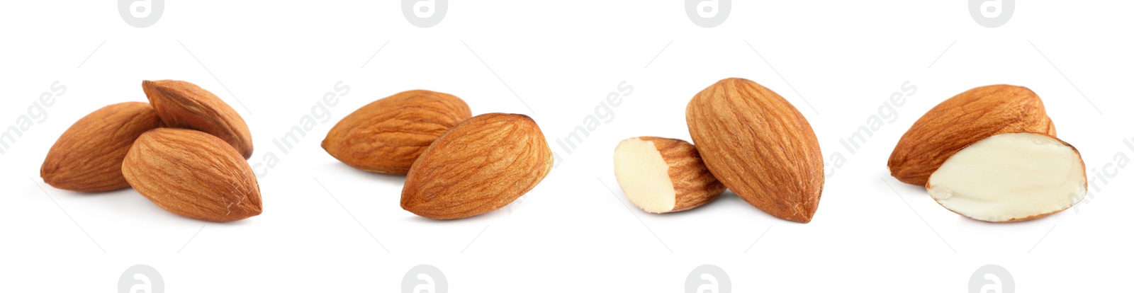 Image of Set with tasty almond nuts on white background. Banner design