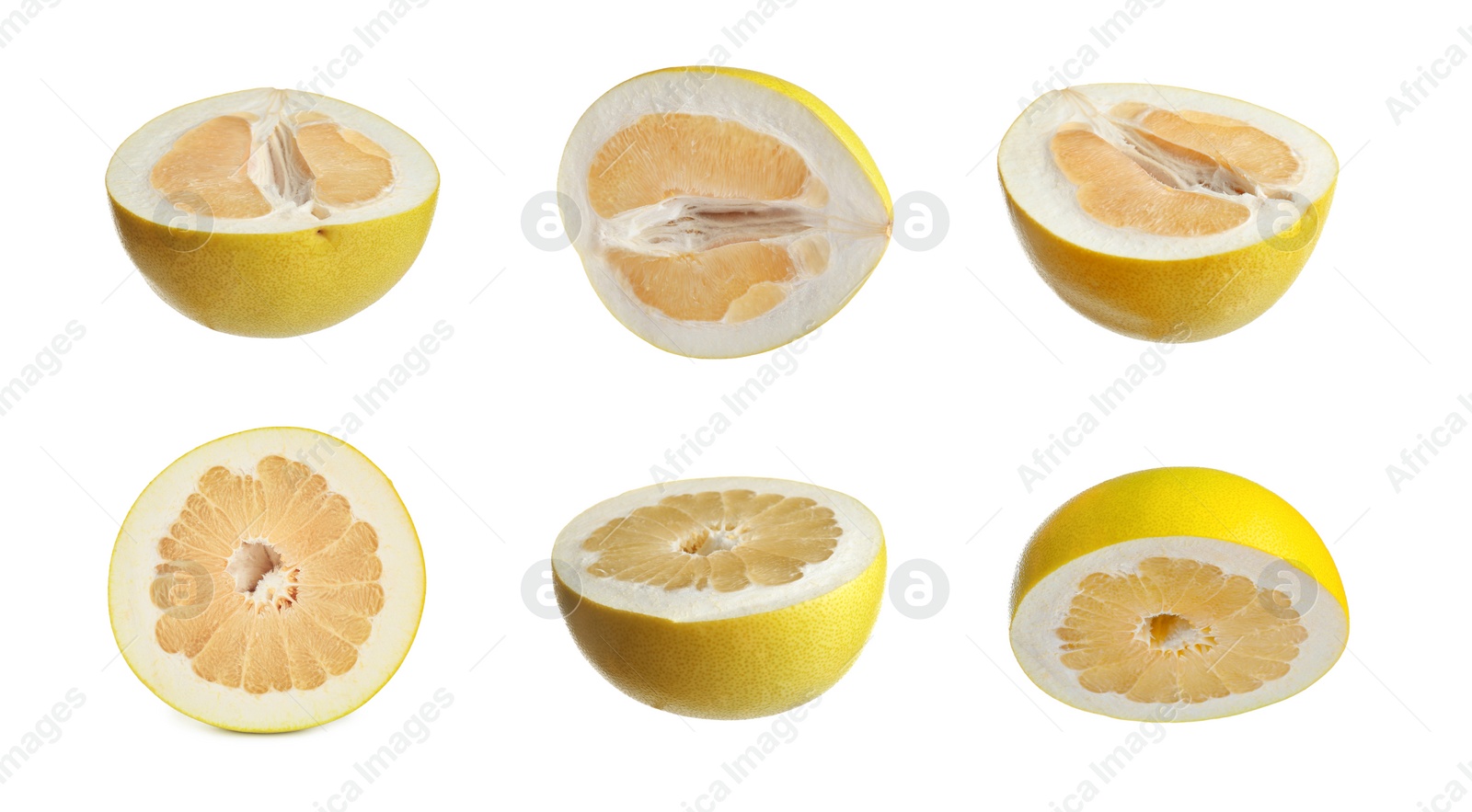 Image of Collage with halves of fresh pomelo fruits on white background