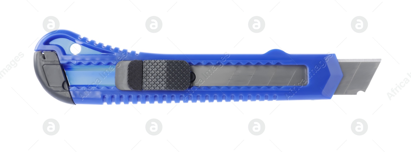 Photo of Blue utility knife isolated on white. Construction tool