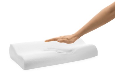 Woman with memory foam pillow on white background, closeup