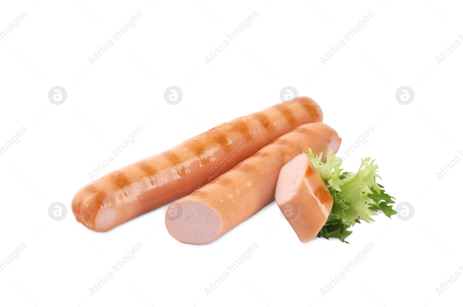 Photo of Tasty fresh grilled sausages isolated on white