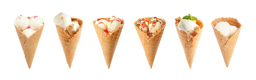 Image of Set of different ice creams in wafer cones on white background. Banner design