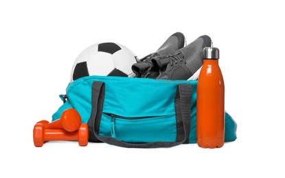 Photo of Bag with different sports equipment on white background