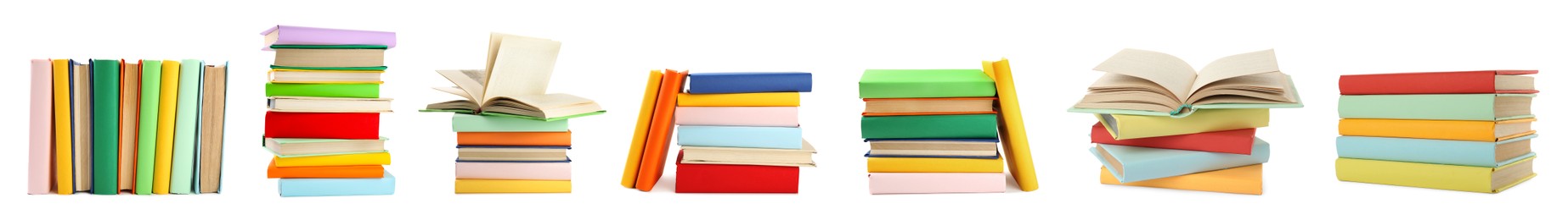 Image of Collection of different hardcover books on white background. Banner design