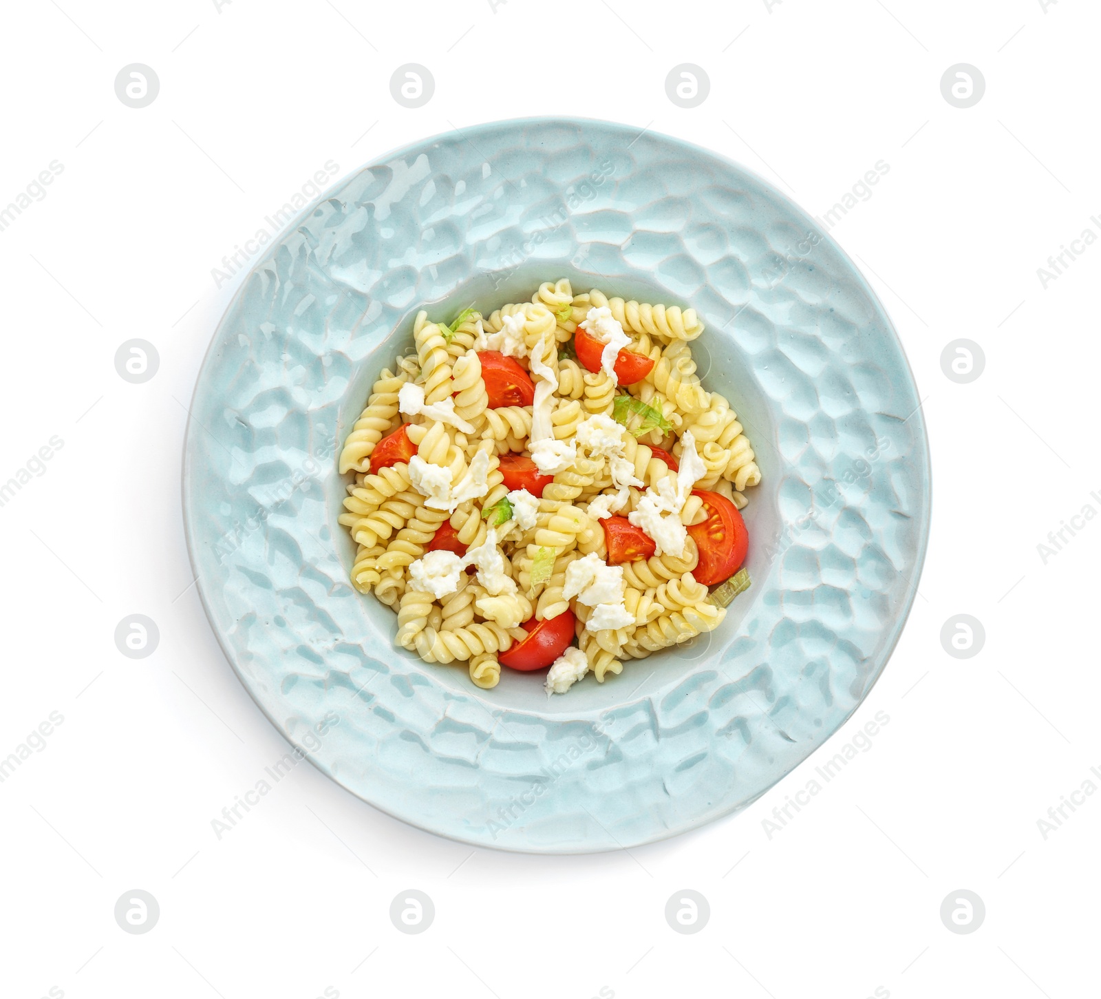 Photo of Tasty pasta salad with tomatoes and cheese on white background