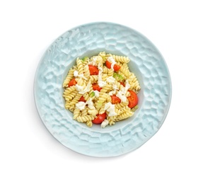 Photo of Tasty pasta salad with tomatoes and cheese on white background