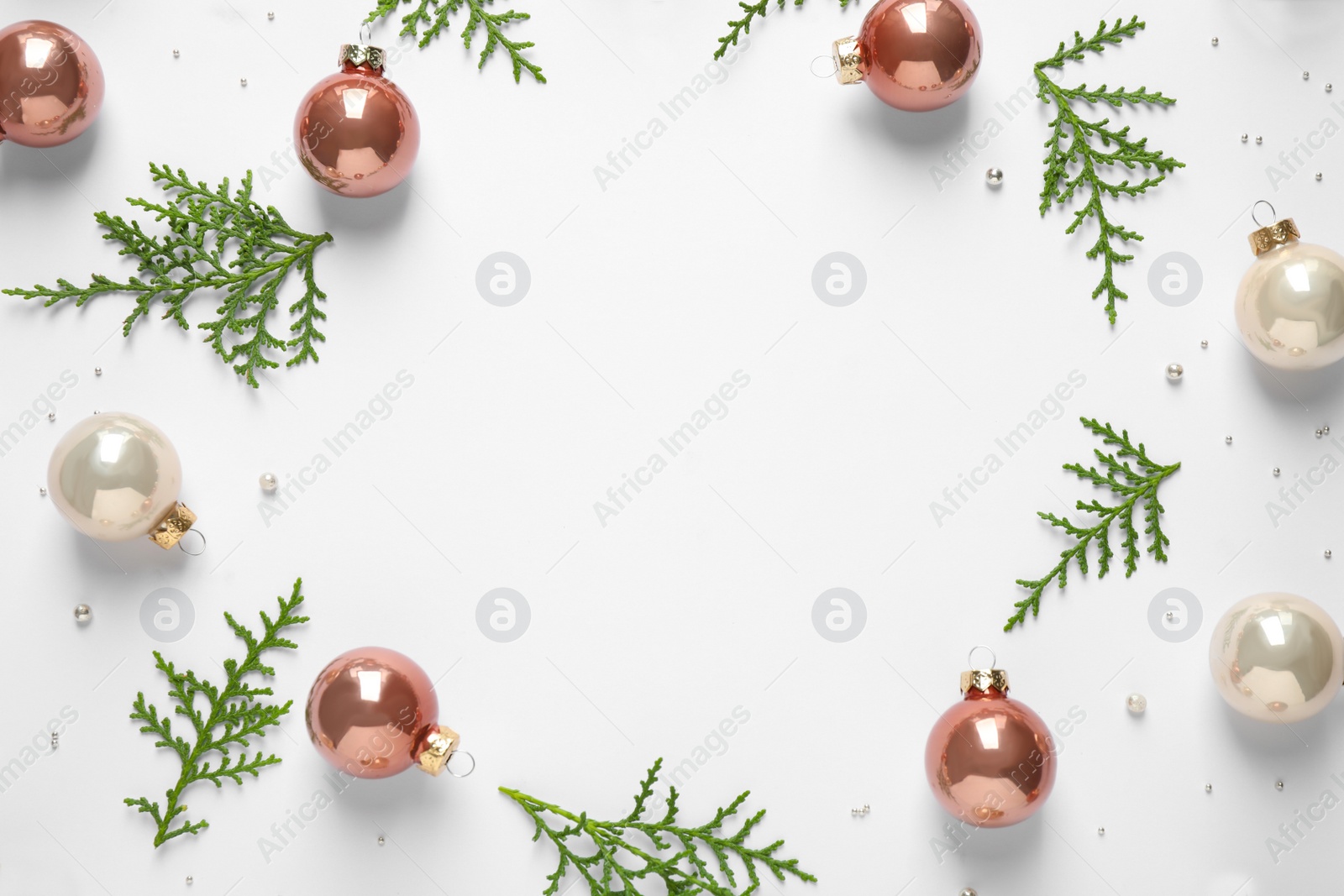 Photo of Flat lay composition with Christmas decorations on white background