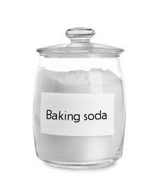 Jar with baking soda on white background