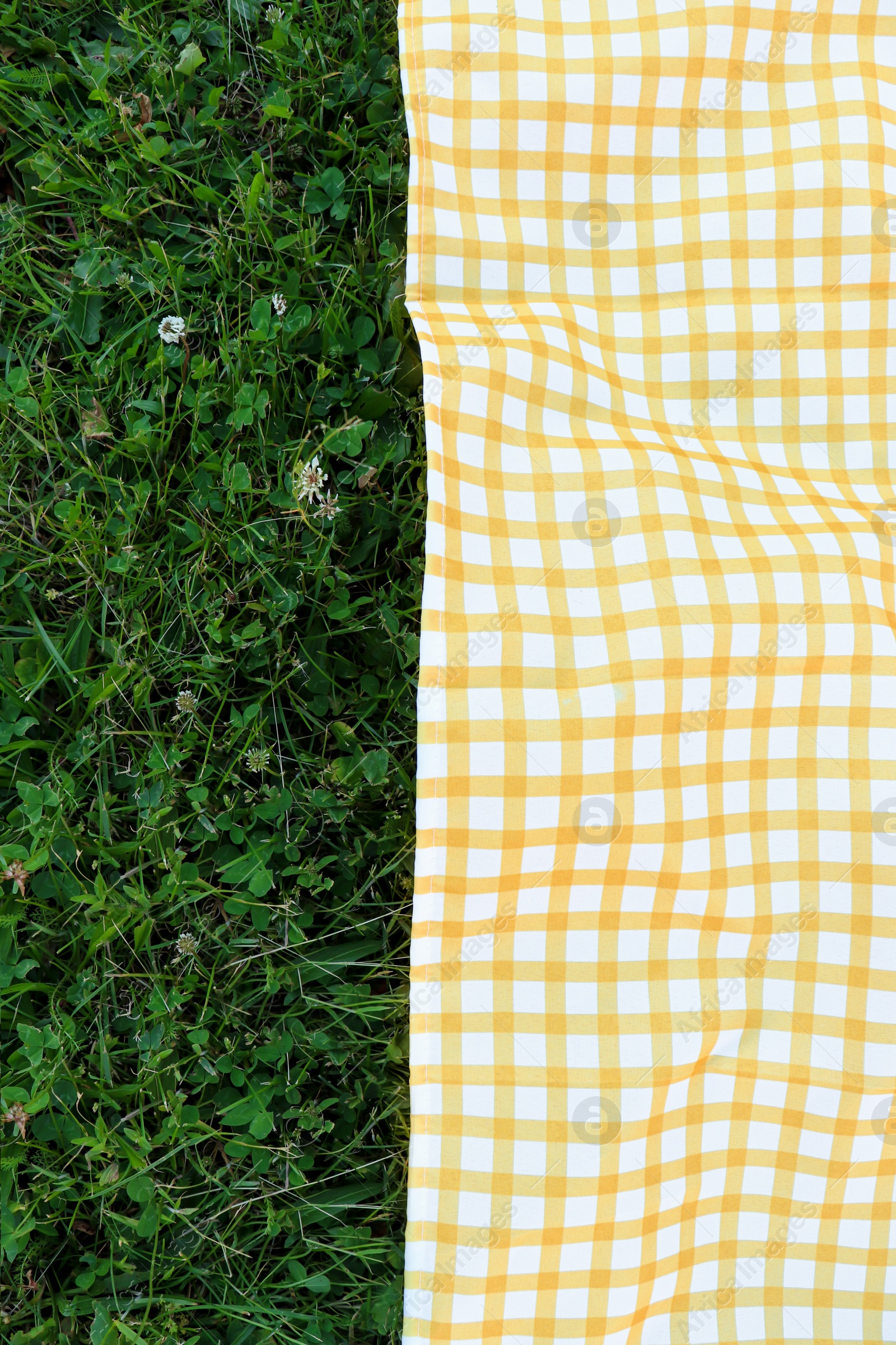 Photo of Checkered picnic tablecloth on fresh green grass, top view. Space for text