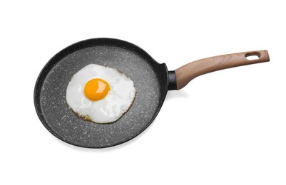 Photo of Frying pan with delicious fried egg isolated on white