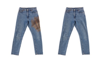 Image of Collage with dirty and clean jeans isolated on white. Before and after washing