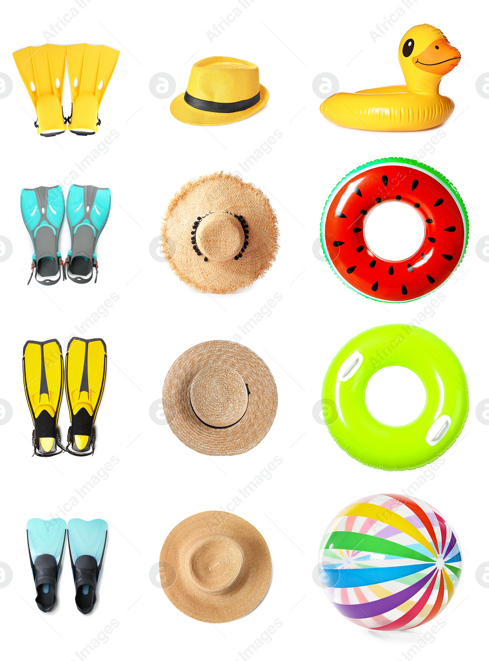 Image of Set with different beach accessories on white background