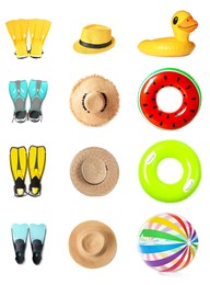 Set with different beach accessories on white background