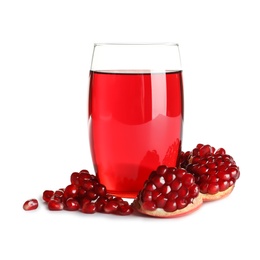 Photo of Glass of pomegranate juice and fresh fruits on white background