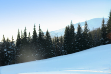 Photo of Blurred view of snowy forest in winter