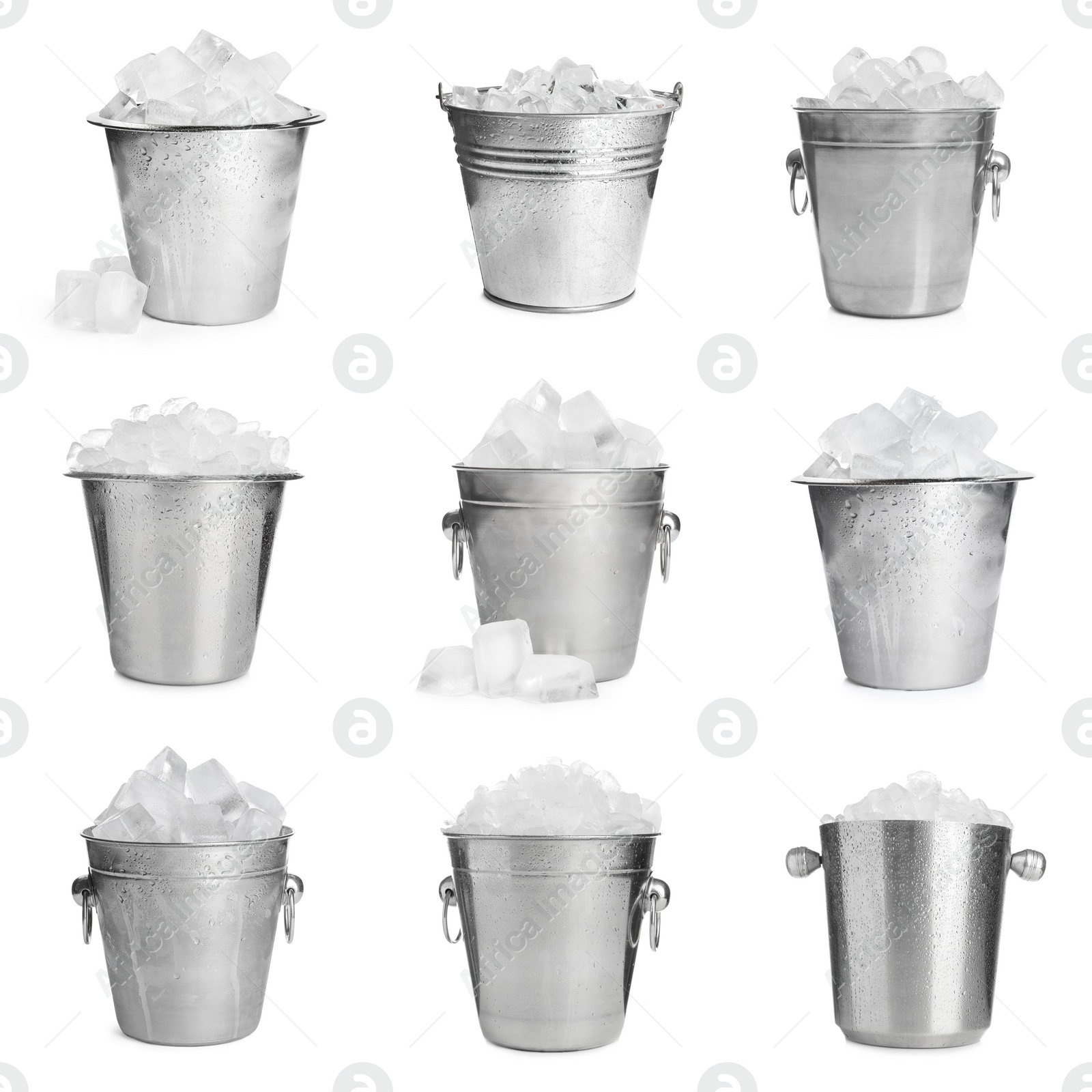 Image of Set of different metal buckets with ice cubes on white background 