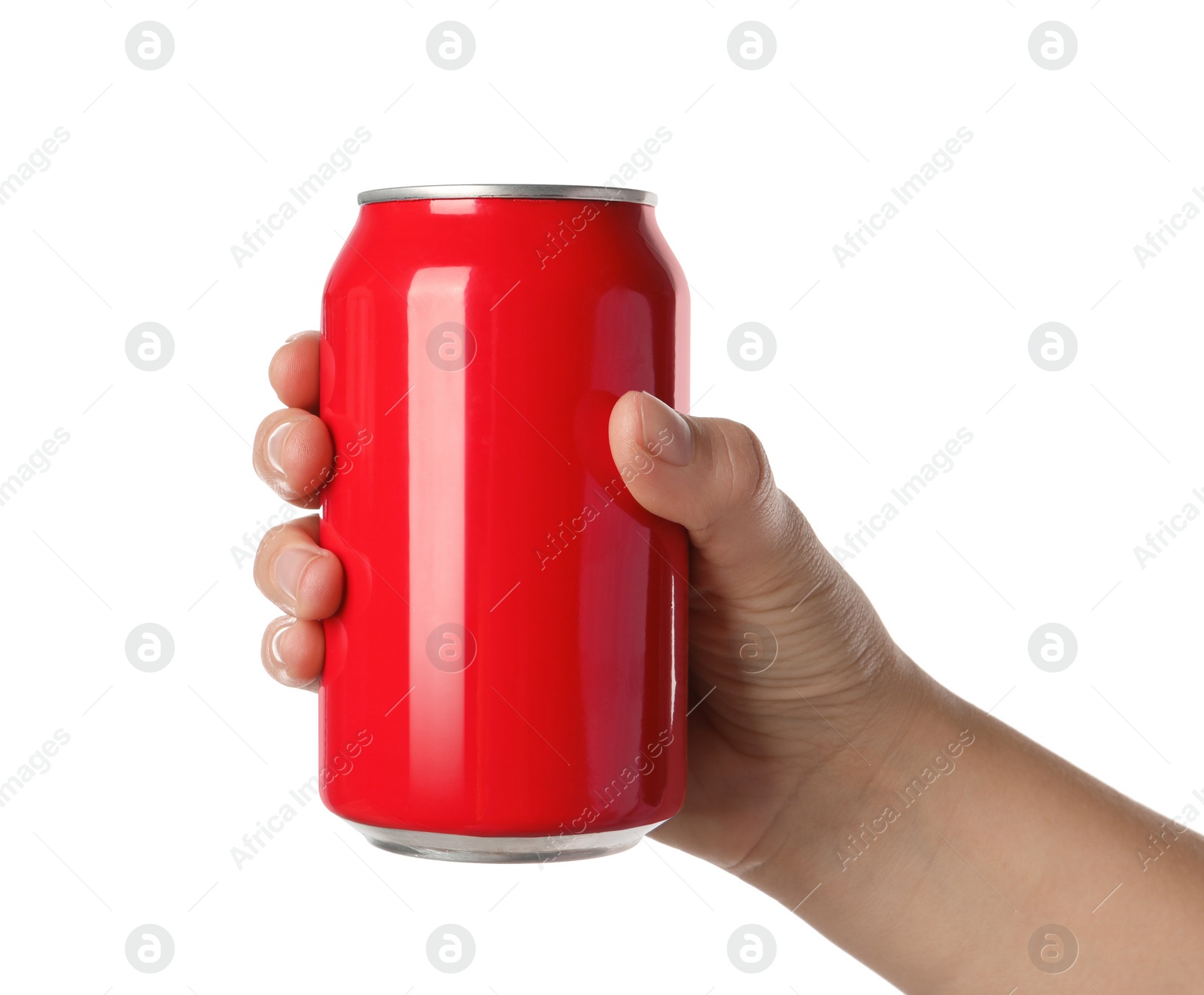 Photo of Woman holding red aluminum can on white background, closeup