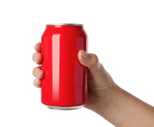 Photo of Woman holding red aluminum can on white background, closeup