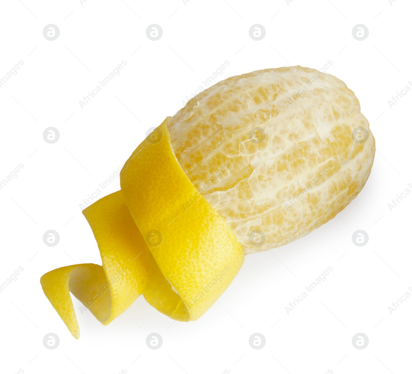 Photo of Fresh lemon and peel on white background, top view. Citrus zest