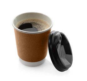 Photo of Aromatic coffee in takeaway paper cup and lid on white background