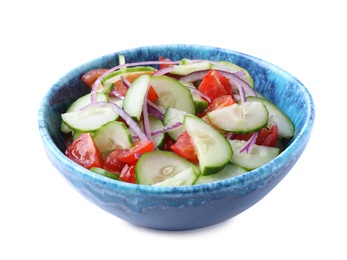 Fresh tasty salad with cucumber in bowl on white background