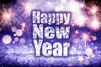 Image of Text Happy New Year on festive background with fireworks, bokeh effect