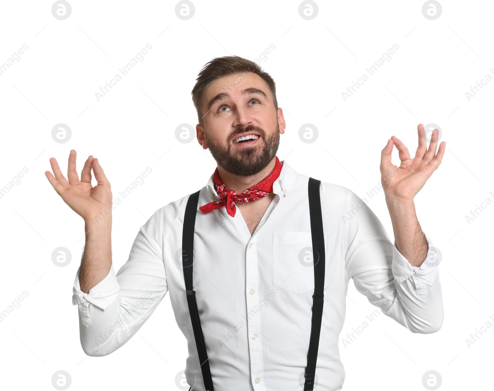 Photo of Fashionable young man in stylish outfit with bandana on white background