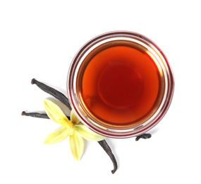 Photo of Vanilla extract, flower and dry pods isolated on white, top view