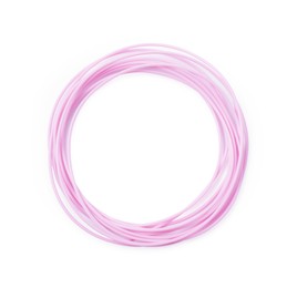 Photo of Pink plastic filament for 3D pen on white background, top view