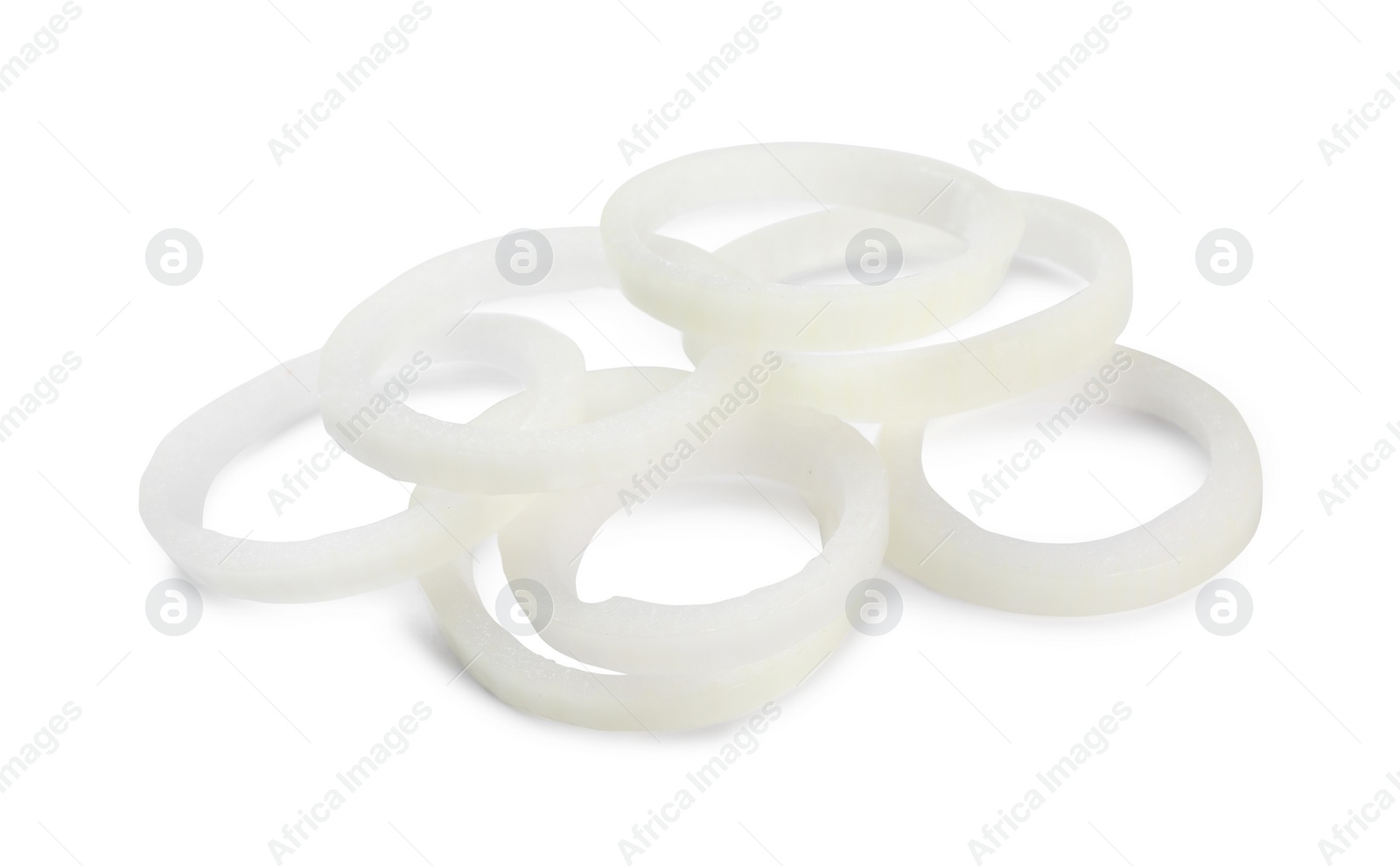 Photo of Fresh ripe onion rings on white background